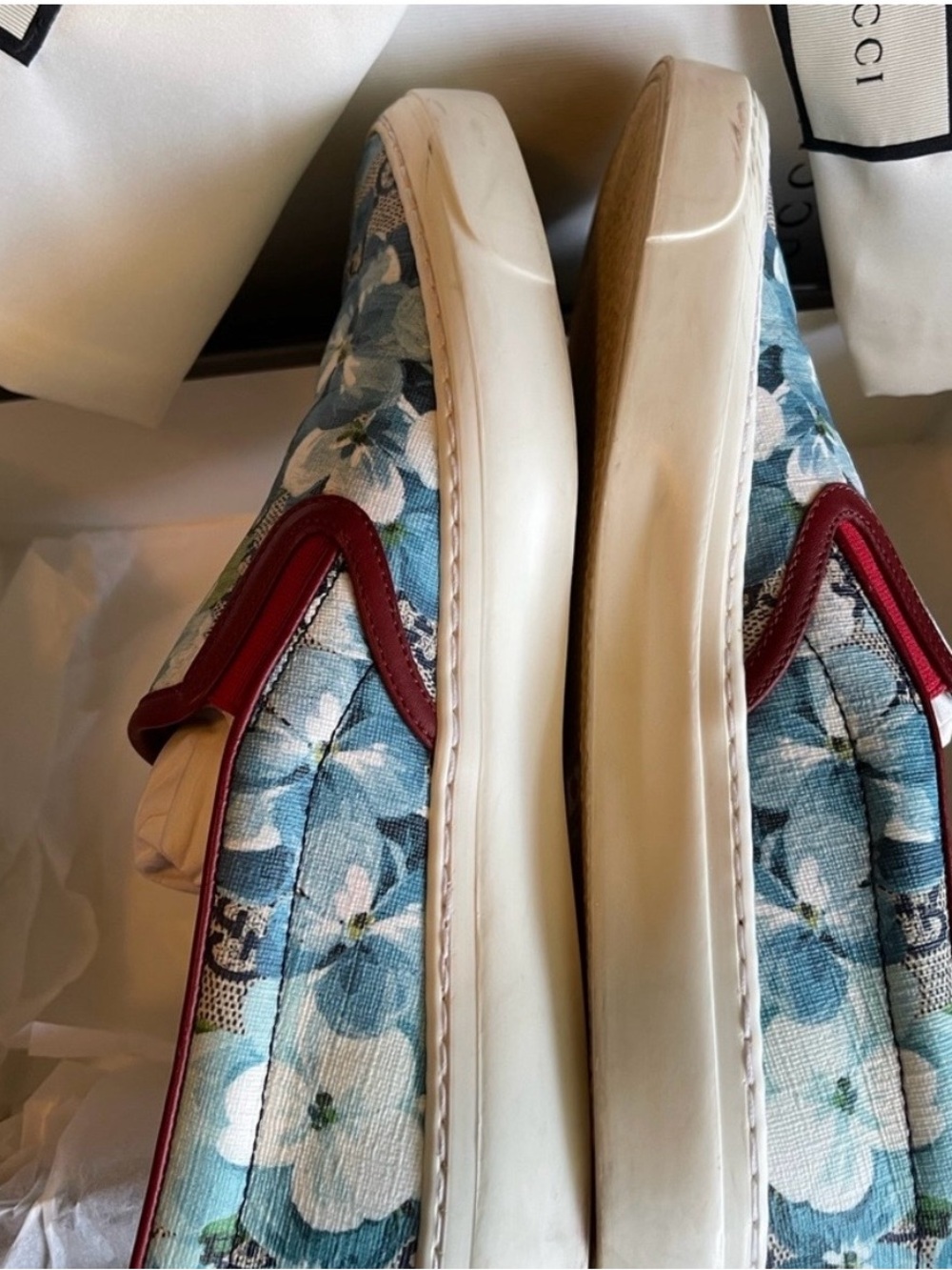 Gucci Blue Floral GG Canvas Slip-On Sneakers with Red Trim - Picture 5 of 9